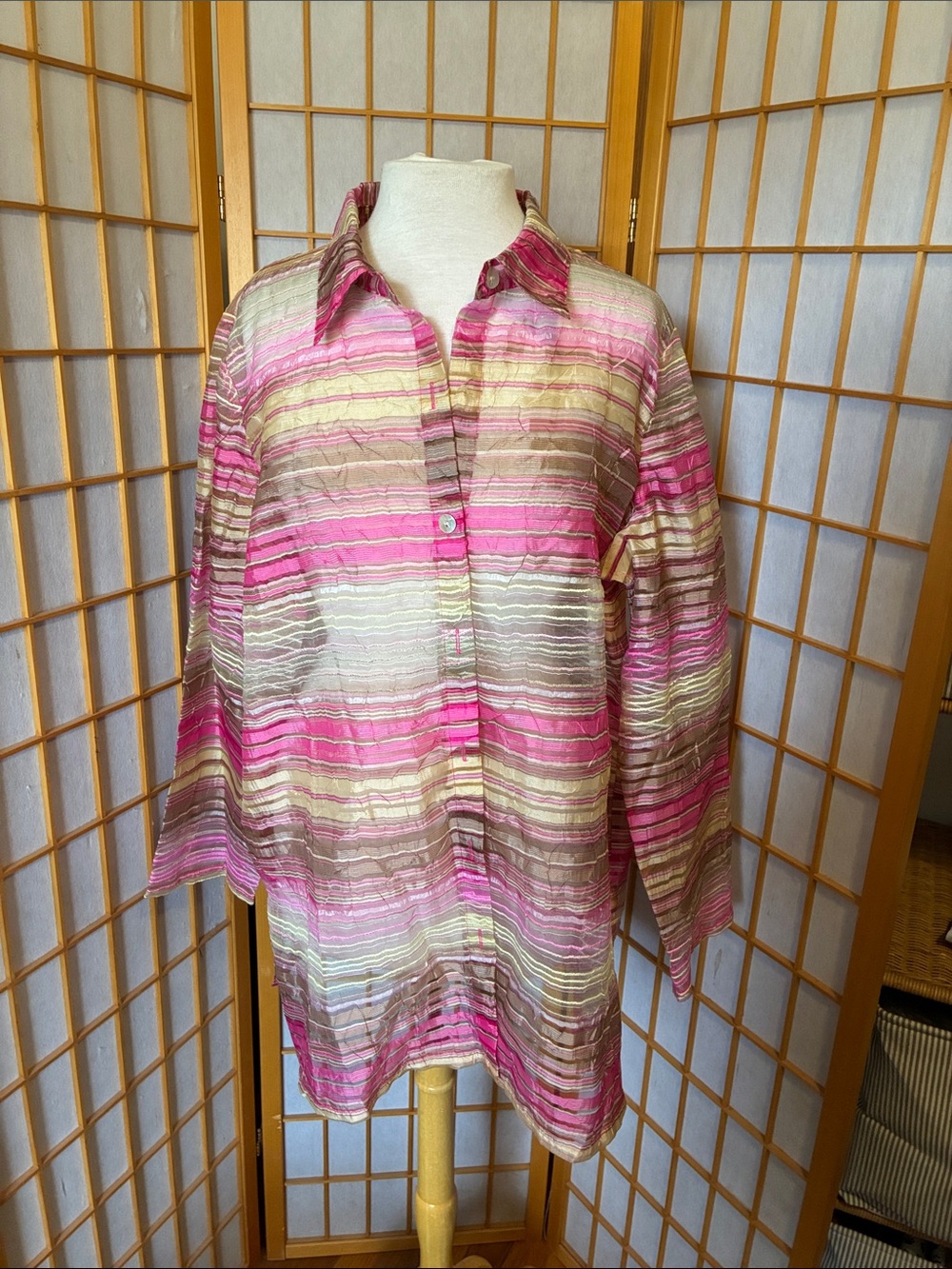 Striped Pink and Neutral Button-Up Blouse Jacket